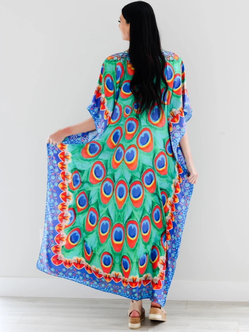 Green V-Neck Peacock Print Embellished Kaftan Maxi Dress