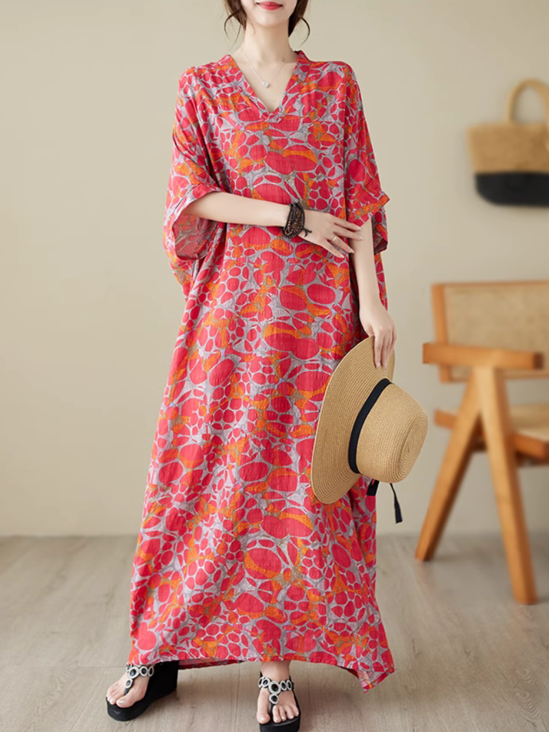 V-Neck Pebble Print Batwing Sleeve Loose Kaftan Maxi Dress 4
