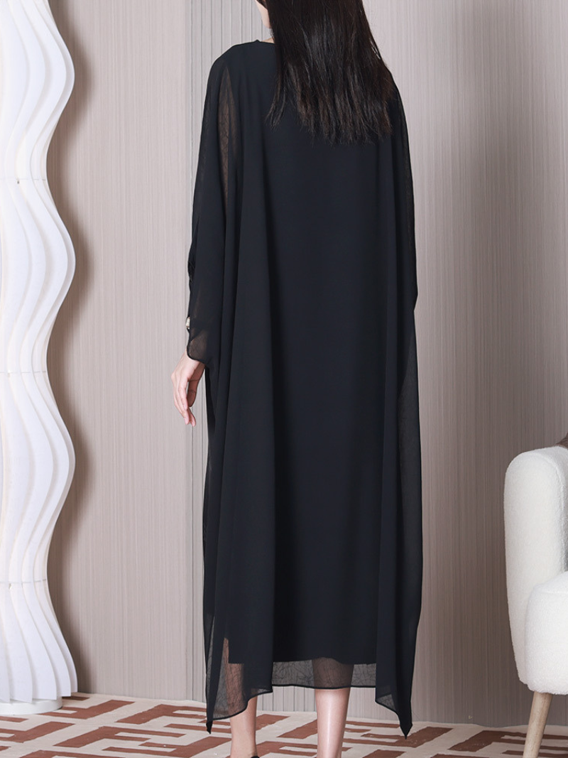 Round Neck Abstract Stripe Print Batwing Sleeve Loose Midi Dress