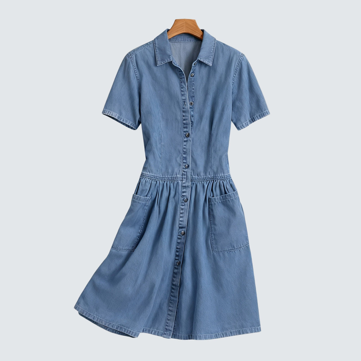 Collared Button Front Short Sleeve Denim A-Line Midi Dress 2