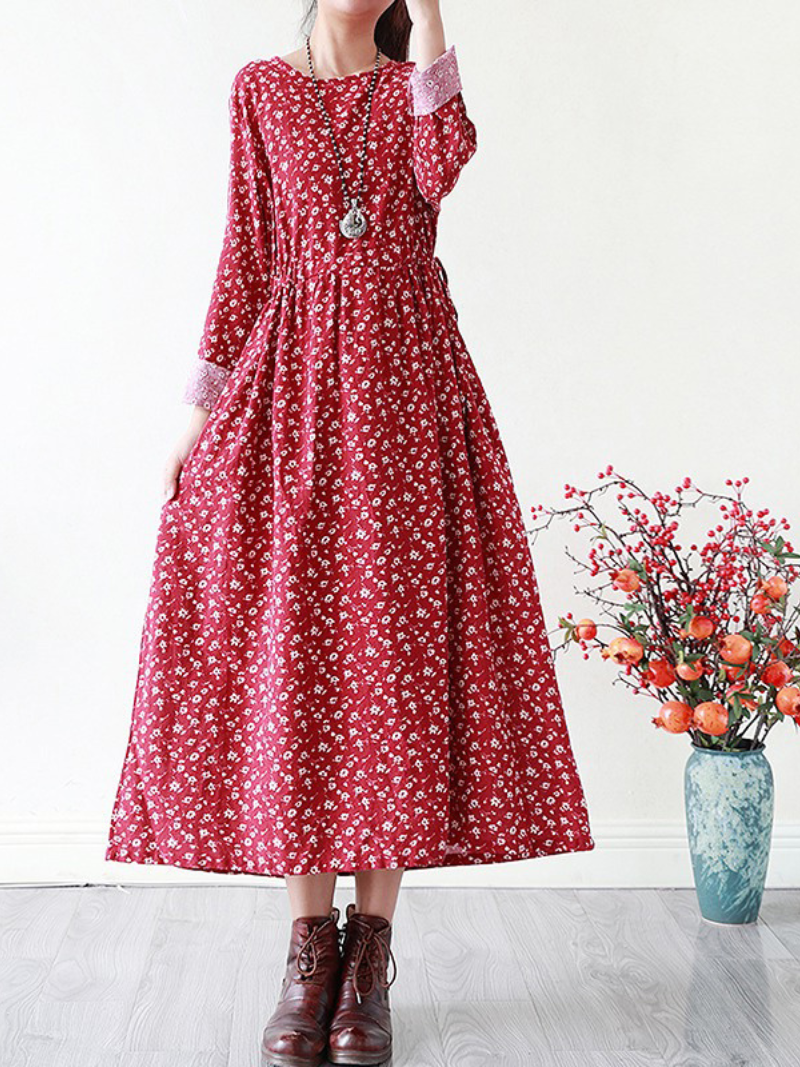 Round Neck Ditsy Floral Lace Cuff Long Sleeve A-Line Maxi Dress