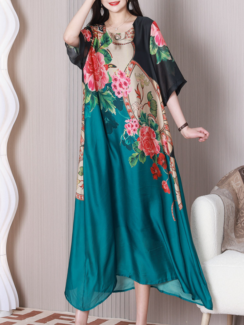 Round Neck Half Sleeve Floral Print Chiffon Maxi Dress 6