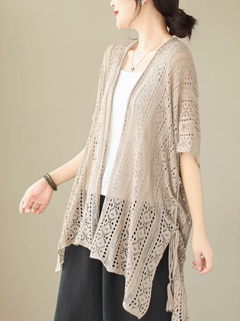 Open Front Short Sleeve Crochet Knit Tassel Tie Cardigan