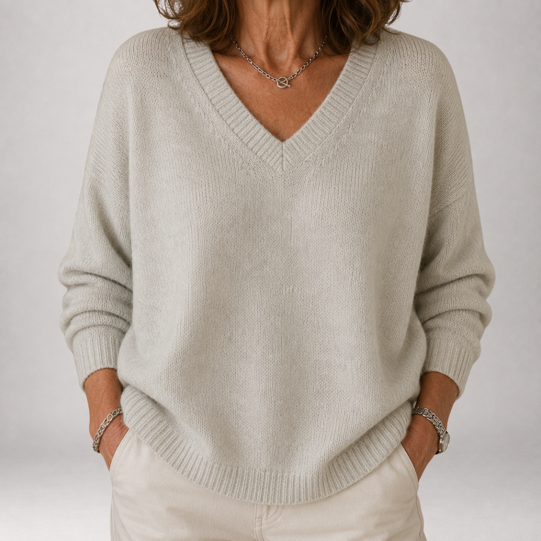 Pale Grey V-Neck Drop Shoulder Long Sleeve Knit Sweater