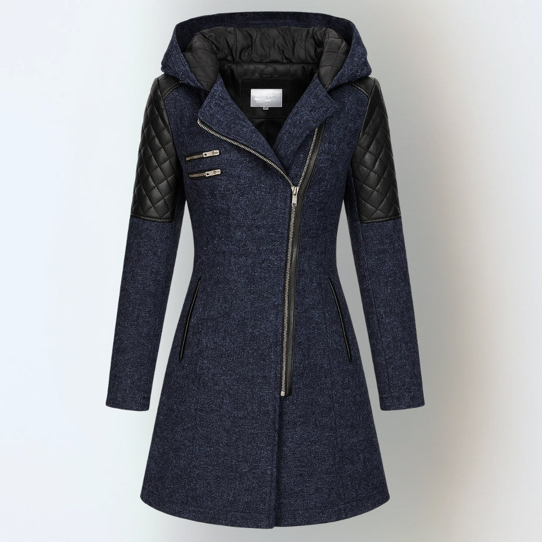 Hooded Quilted Panel Asymmetric Zip Longline Wool Coat 7