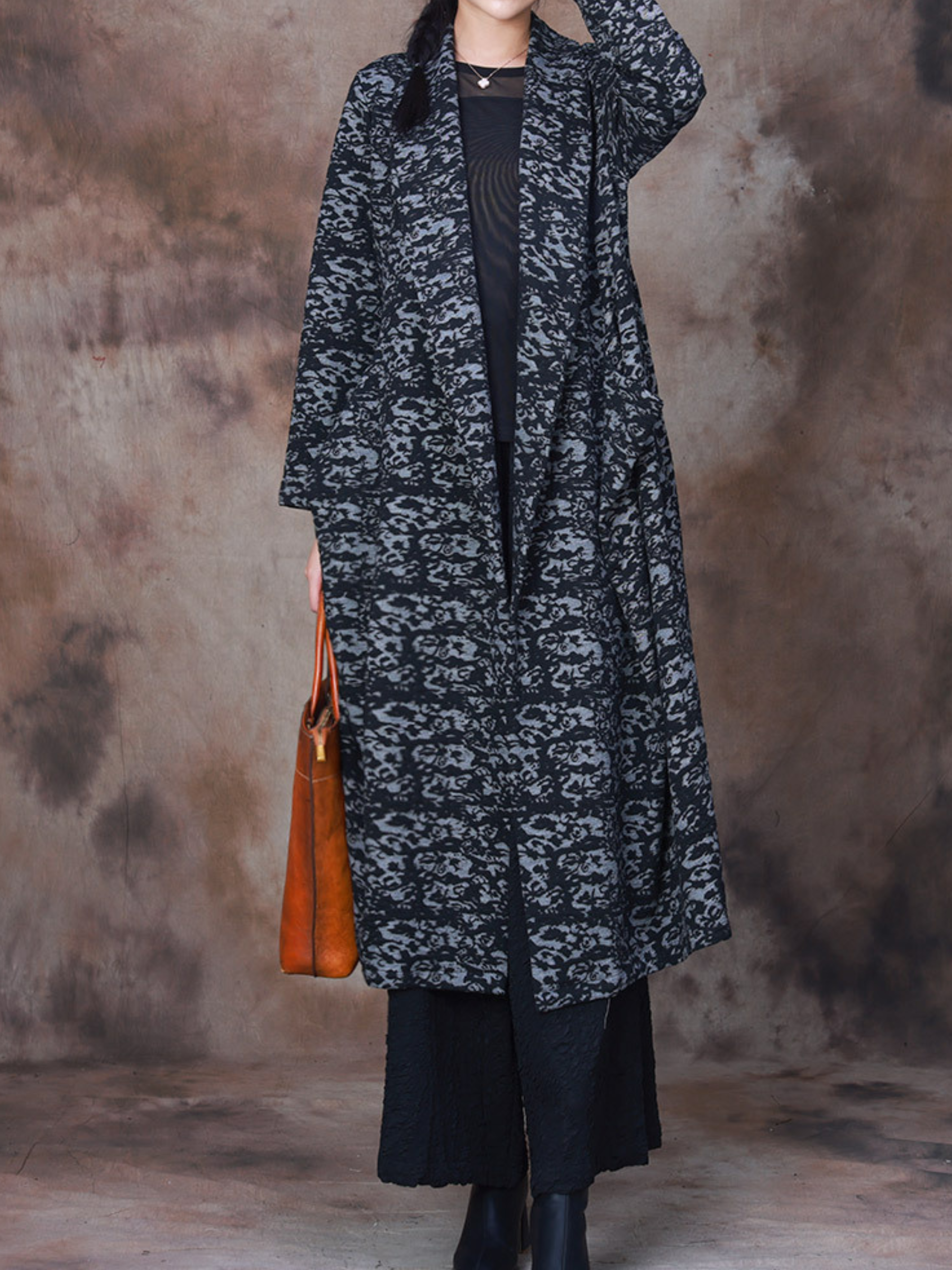 Lapel Collar Abstract Print Open Front Long Line Jacket 6
