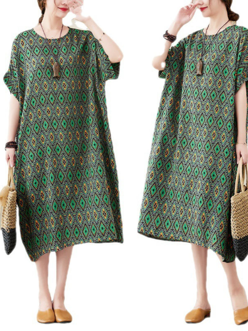 Green Round Neck Short Sleeve Geometric Print Loose Midi Dress 2