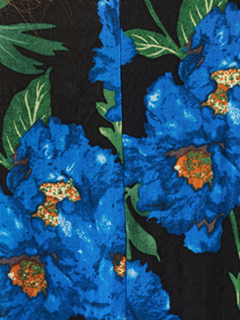 Blue Round Neck Floral Print High Waist Loose Cotton Maxi Dress