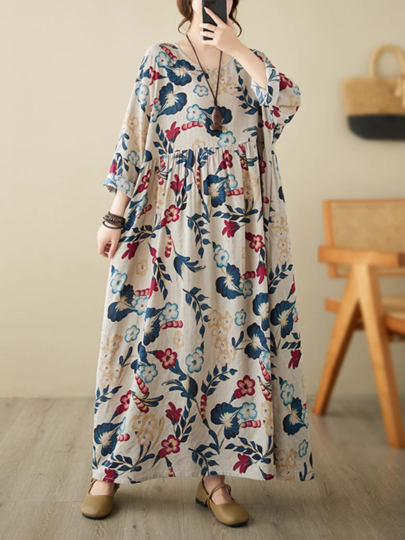 Round Neck Bold Floral Print Smock A-Line Maxi Dress
