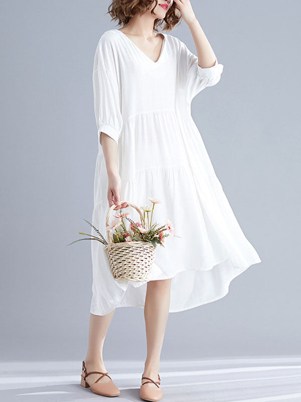V-Neck Three-Quarter Sleeve Tiered Loose A-Line Midi Dress 16