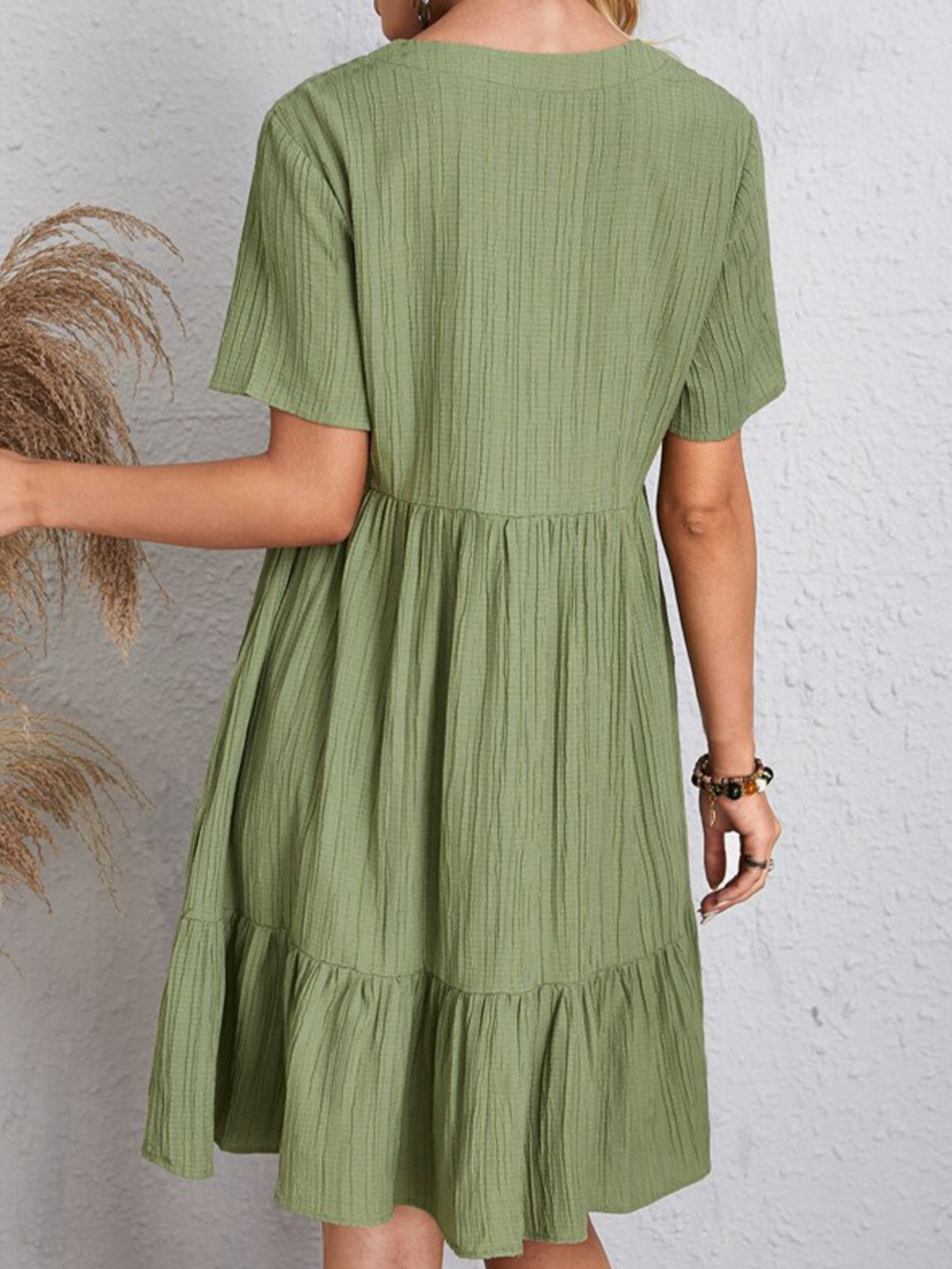 V-Neck Textured Short Sleeve Tiered Ruffle Hem Swing Mini Dress