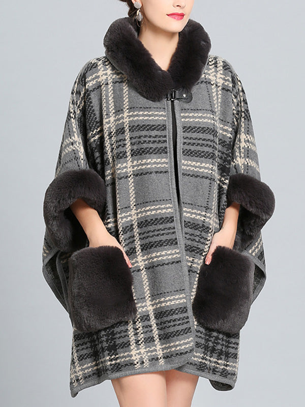 Hooded Faux Fur Trim Plaid Pocket Cape Cardigan