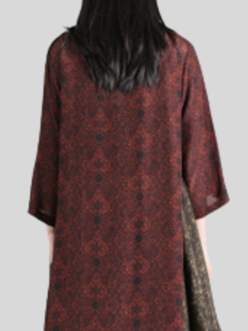 Red Round Neck Frog Button Floral Print Loose Maxi Dress 3