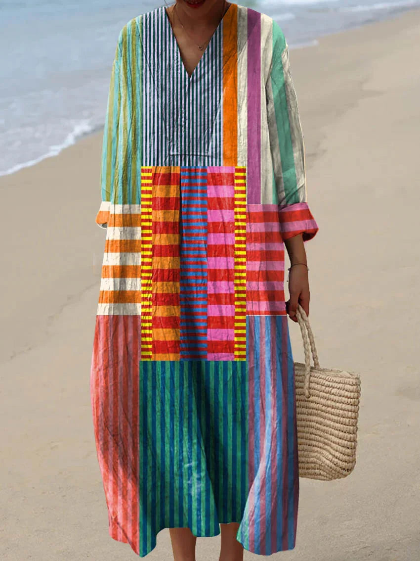 Multicolor V-Neck Striped Patchwork Long Sleeve Shift Maxi Dress