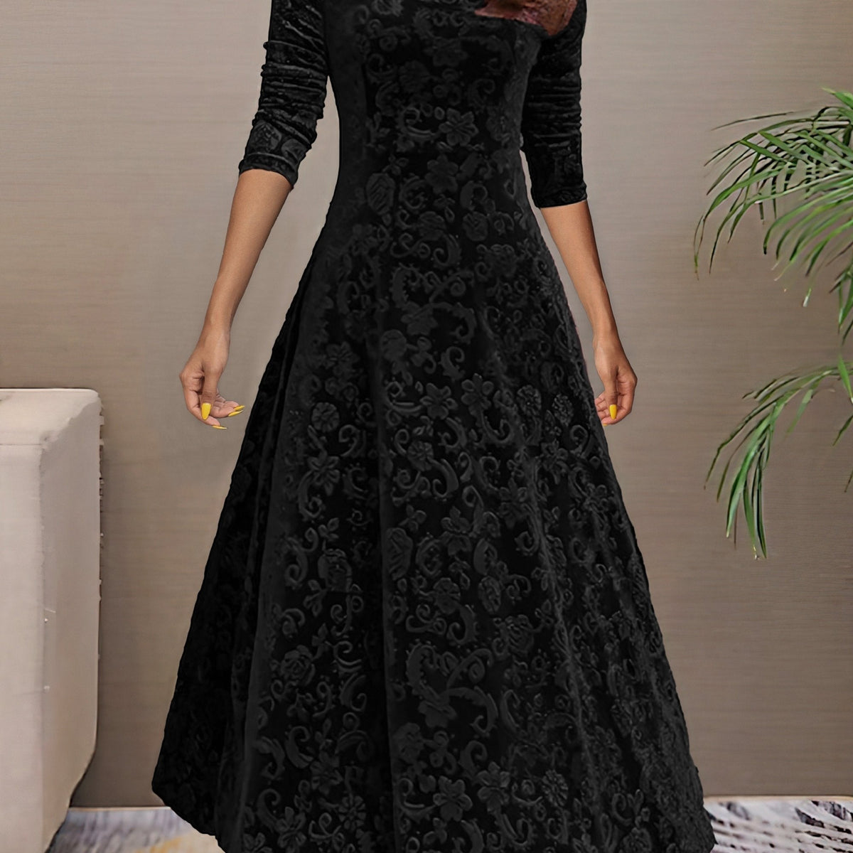 V-Neck Floral Burnout Velvet Long Sleeve A-Line Maxi Dress 7