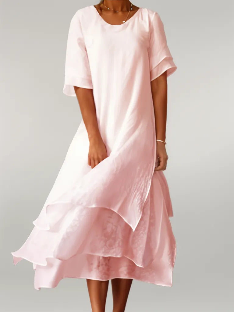 Round Neck Layered Chiffon Short Sleeve Tiered A-Line Midi Dress