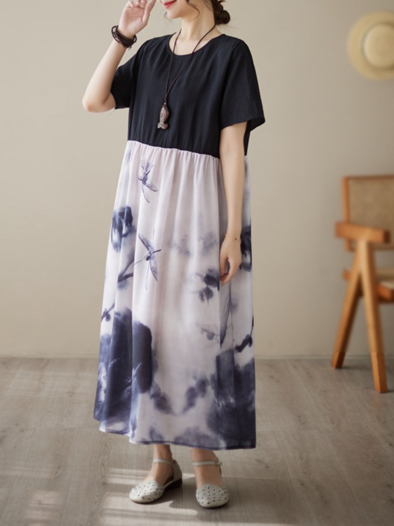 Black Round Neck Short Sleeve Ink Print A-Line Midi Dress 4