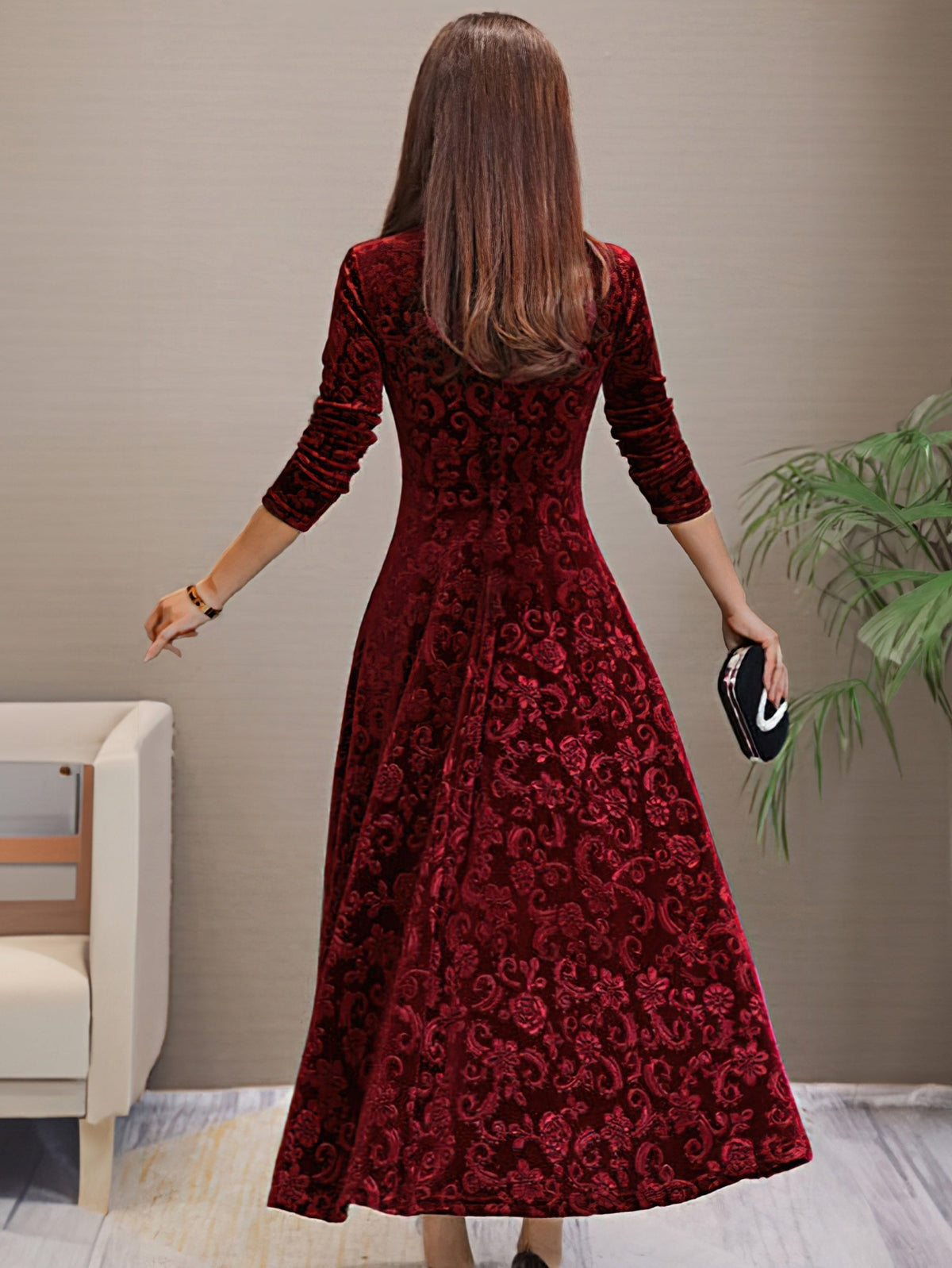 V-Neck Floral Burnout Velvet Long Sleeve A-Line Maxi Dress 14