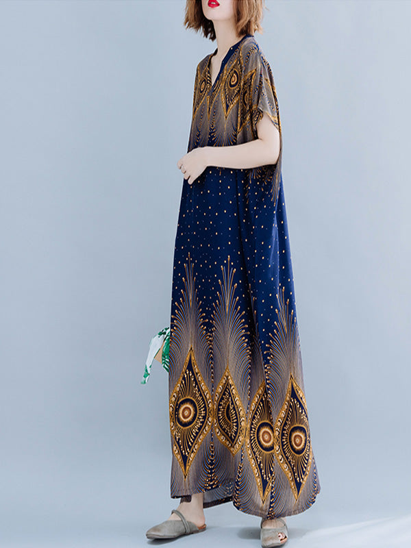 V-Neck Short Sleeve Peacock Feather Print Kaftan Maxi Dress
