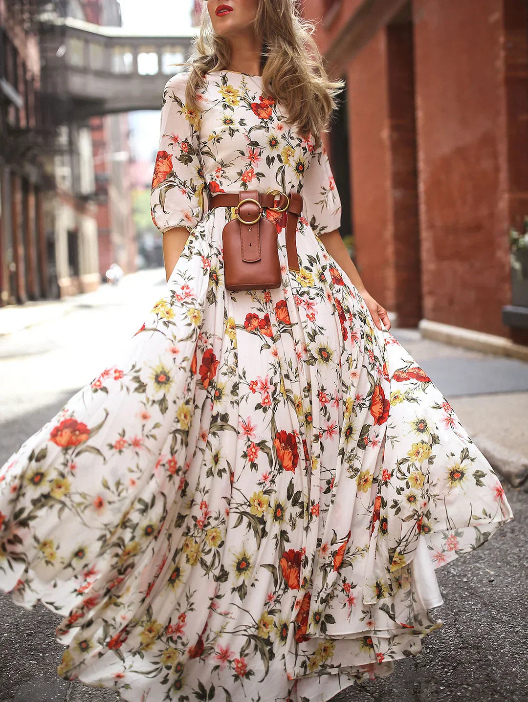 Elegant Floral Pattern Crew Neck Maxi Dress Lantern Sleeve