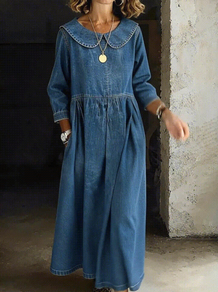 Peter Pan Collar Long Sleeve Pleated Denim A-Line Maxi Dress 2