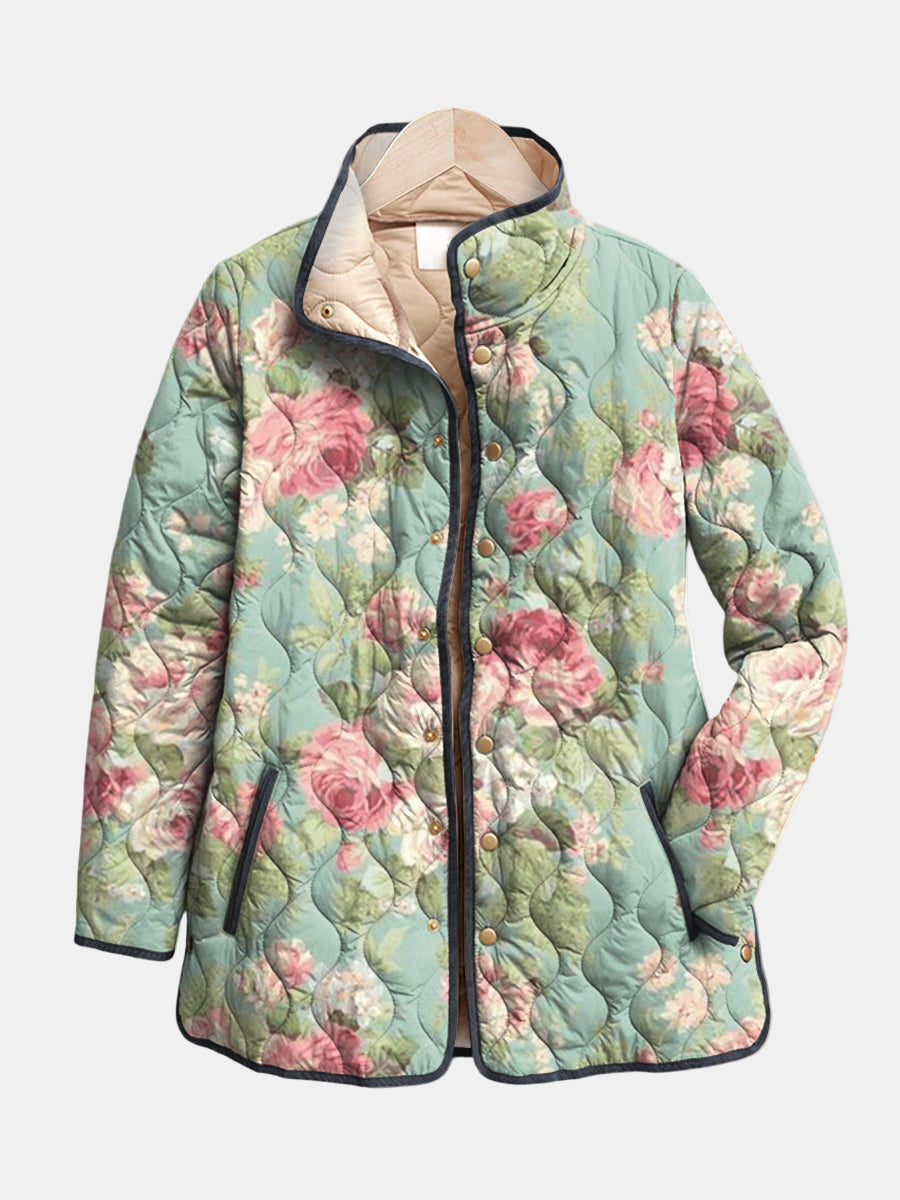 Multicolour Cabbage Rose Floral Stand Collar Snap Button Quilted Jacket