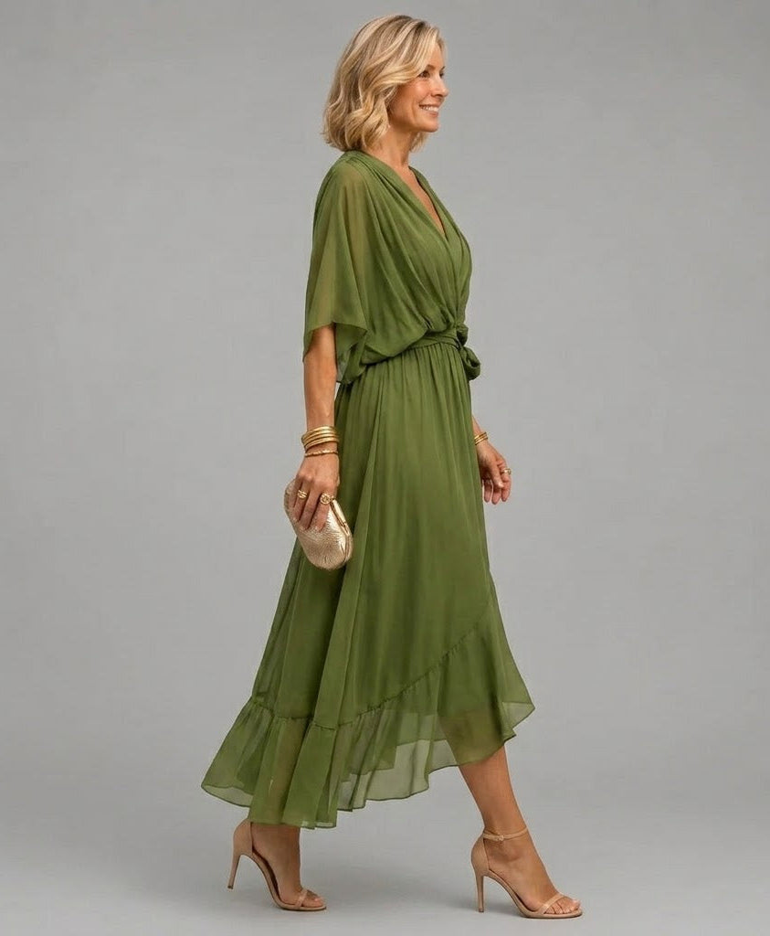 V-Neck Wrap Chiffon Dolman Sleeve Belted Ruffle Hem Midi Dress 2