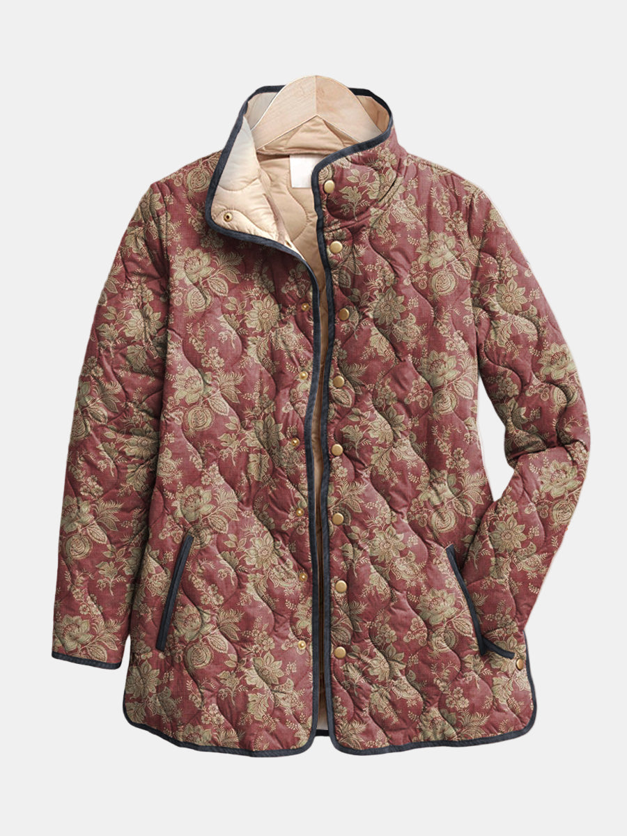 Multicolour Stand Collar Floral Quilted Snap Button Jacket