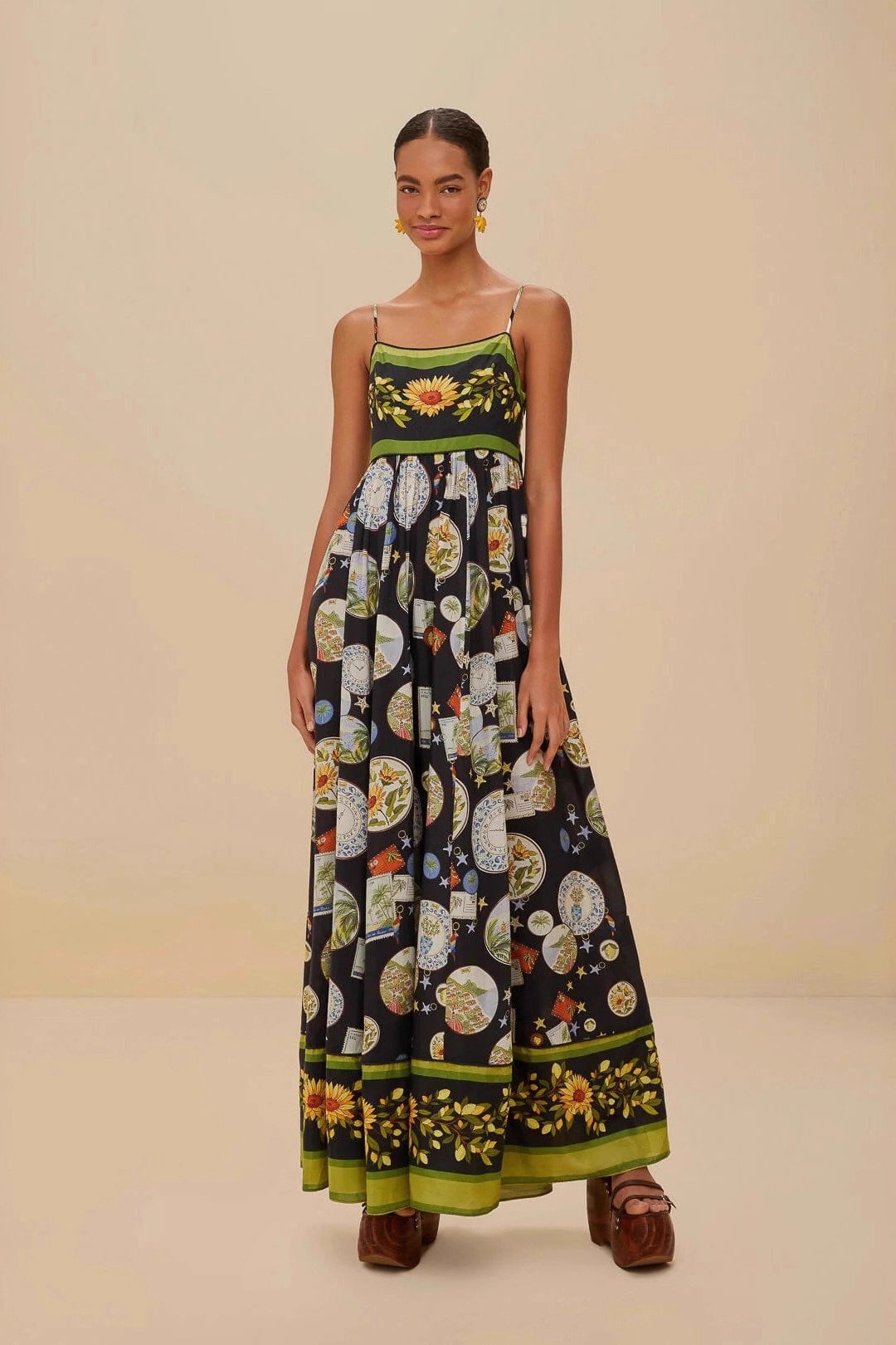 Artistic Print Linen Midi Slip Dress