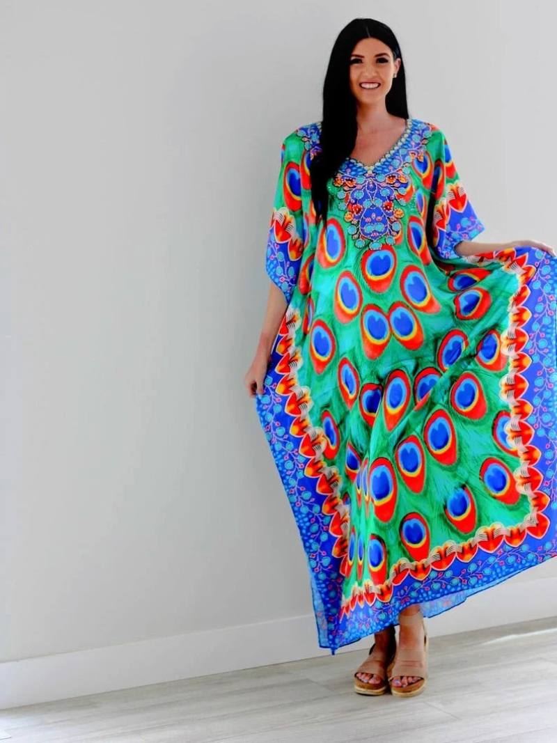 Green V-Neck Peacock Print Embellished Kaftan Maxi Dress