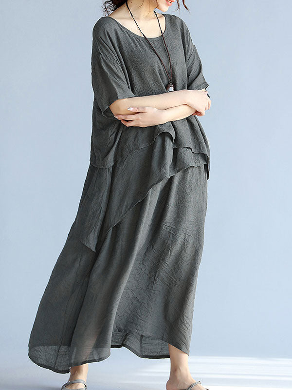 Round Neck Layered Short Sleeve Loose A-Line Linen Maxi Dress 11
