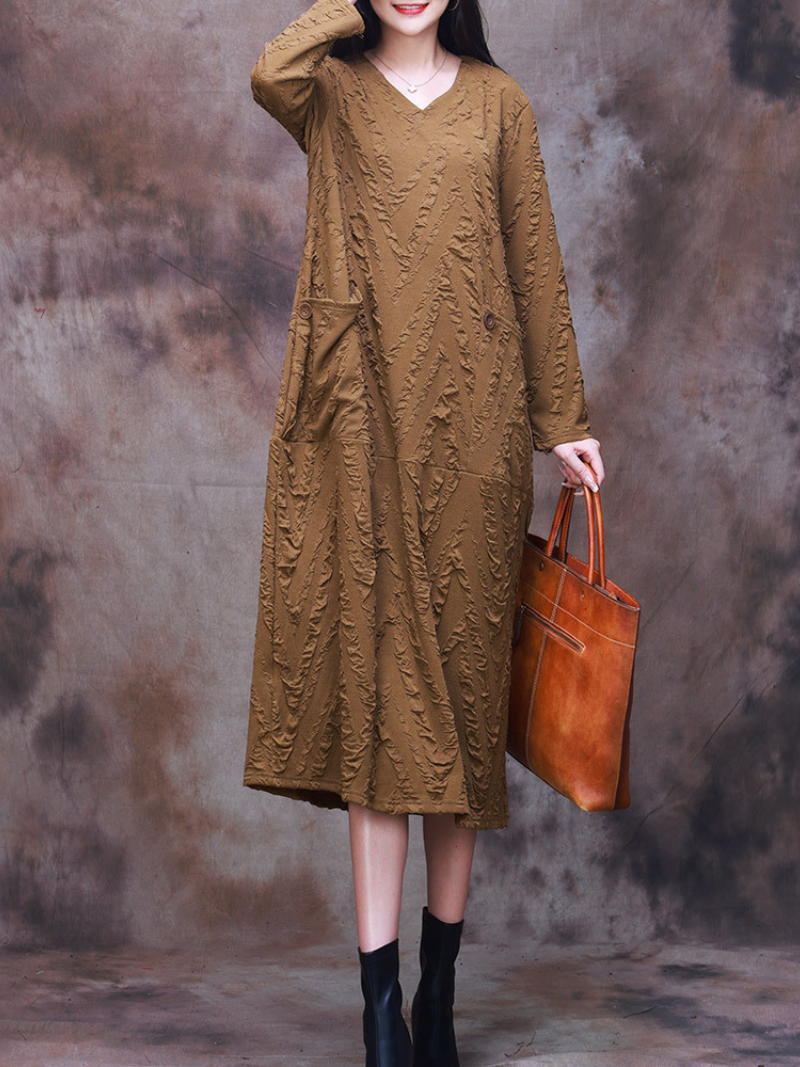 V-Neck Textured Long Sleeve Pocket Loose Midi Dress