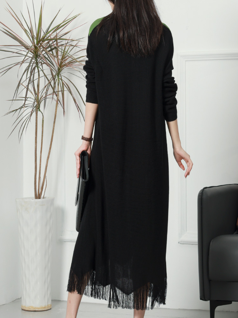 V-Neck Long Sleeve Colorblock Knit Tassel Hem Midi Dress 7