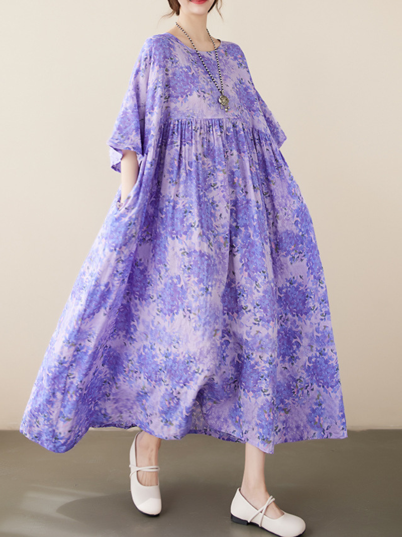 Round Neck Short Sleeve Floral Print Pleated Smock Maxi Dress