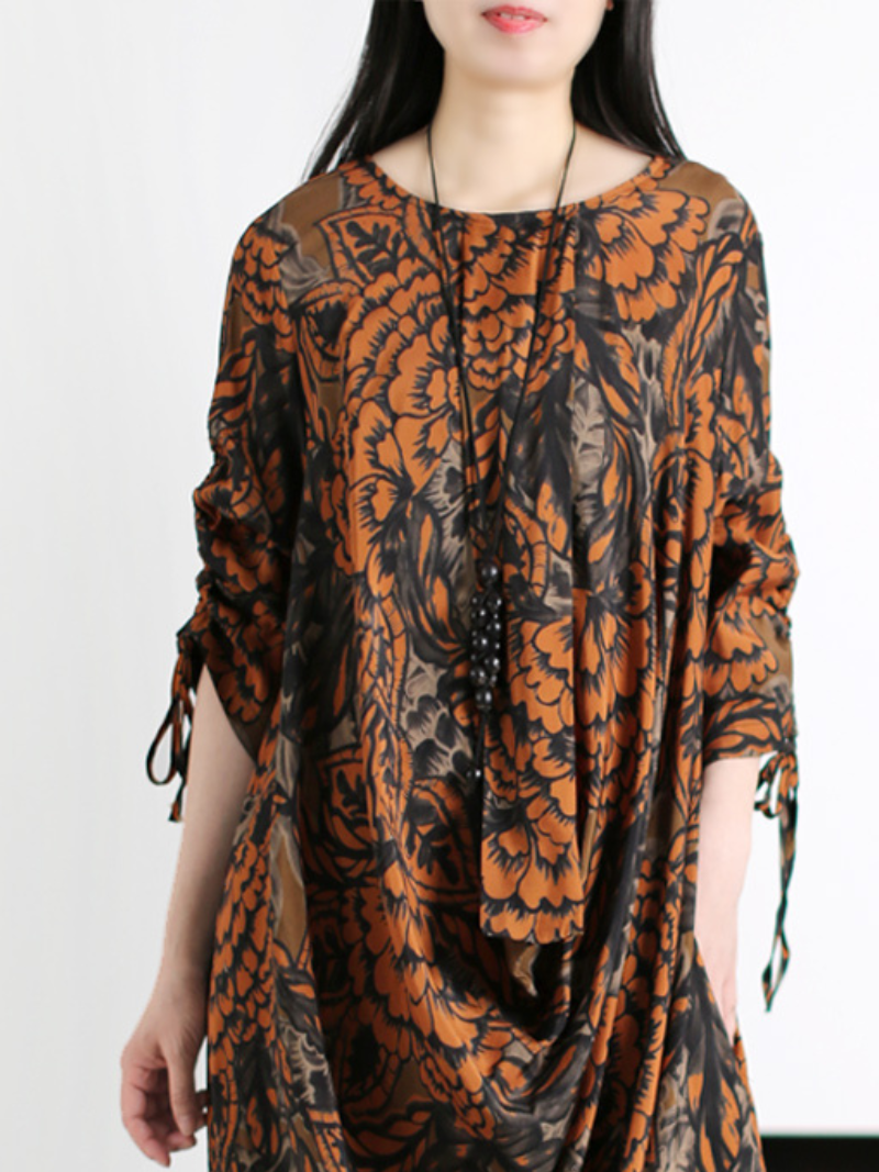Black Yellow Round Neck Floral Print Drawstring Sleeve Loose Maxi Dress