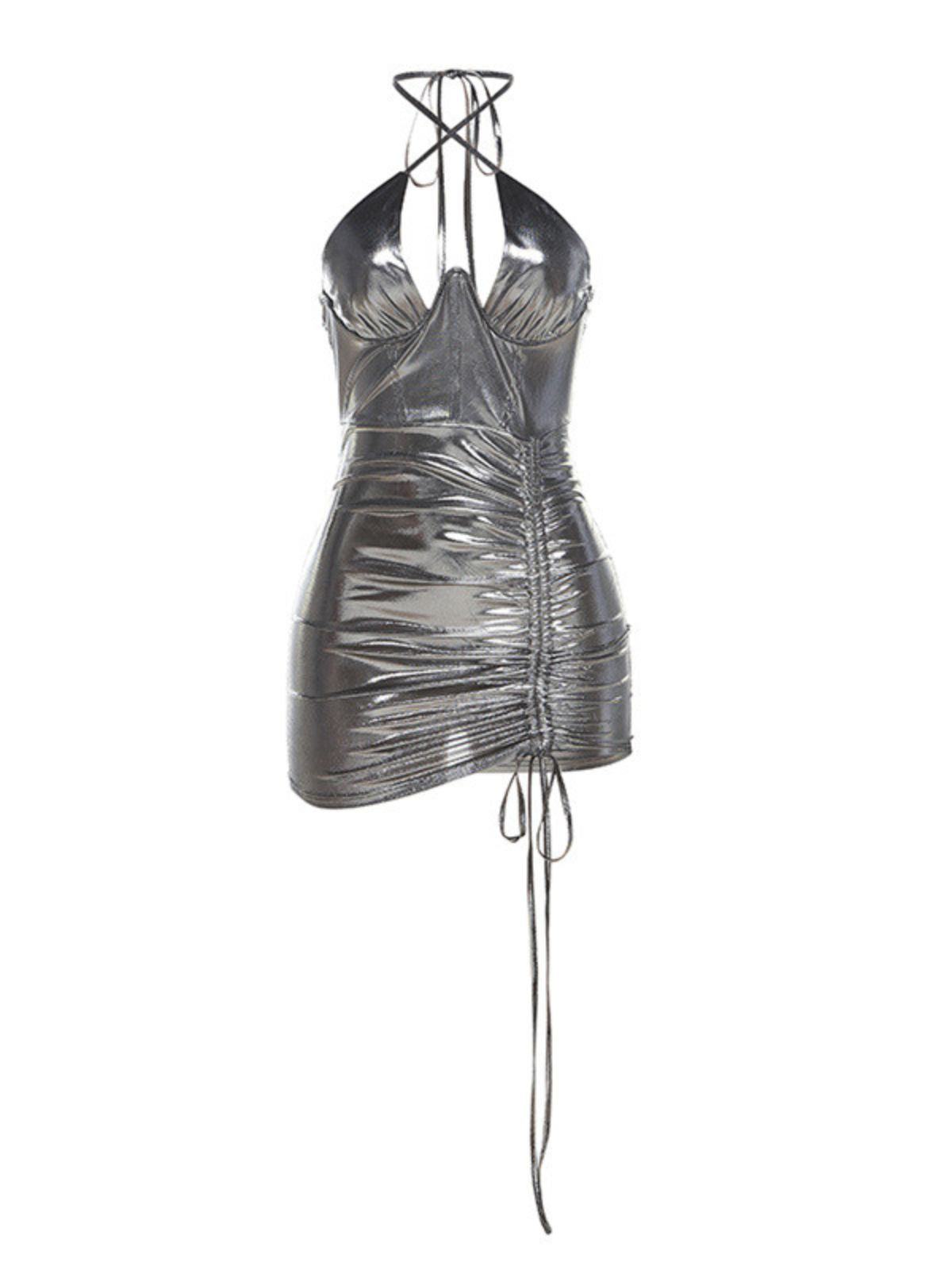 Bowen Metallic Ruched Mini Dress In Grey