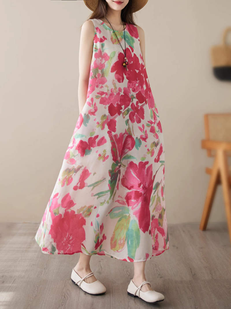 Round Neck Watercolor Floral Print Sleeveless A-Line Midi Dress 2