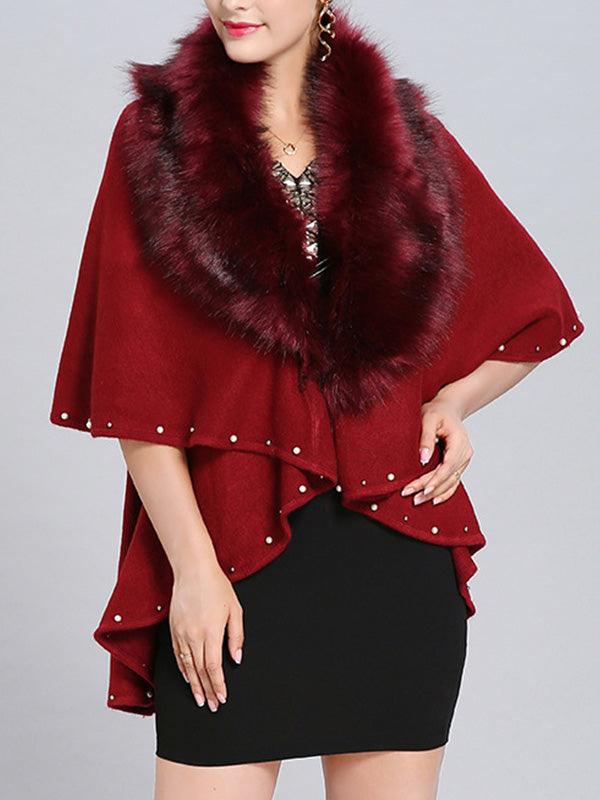 Fur Collar Pearl Trim Draped Knit Cape Cardigan 14