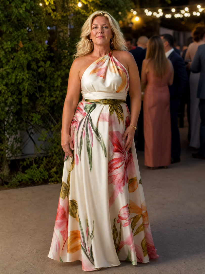 Halter Neck Twist Floral Print Satin A-Line Gown 6