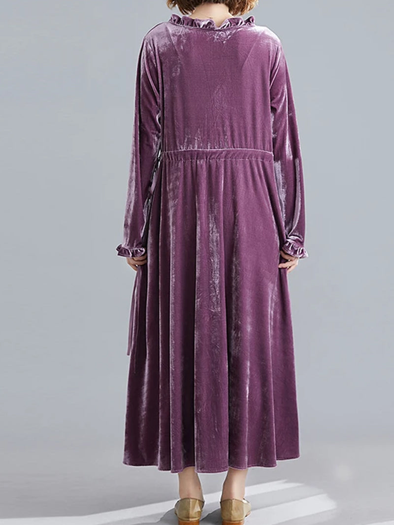 Purple Ruffle Neck Velvet Long Sleeve Drawstring Waist A-Line Midi Dress 2
