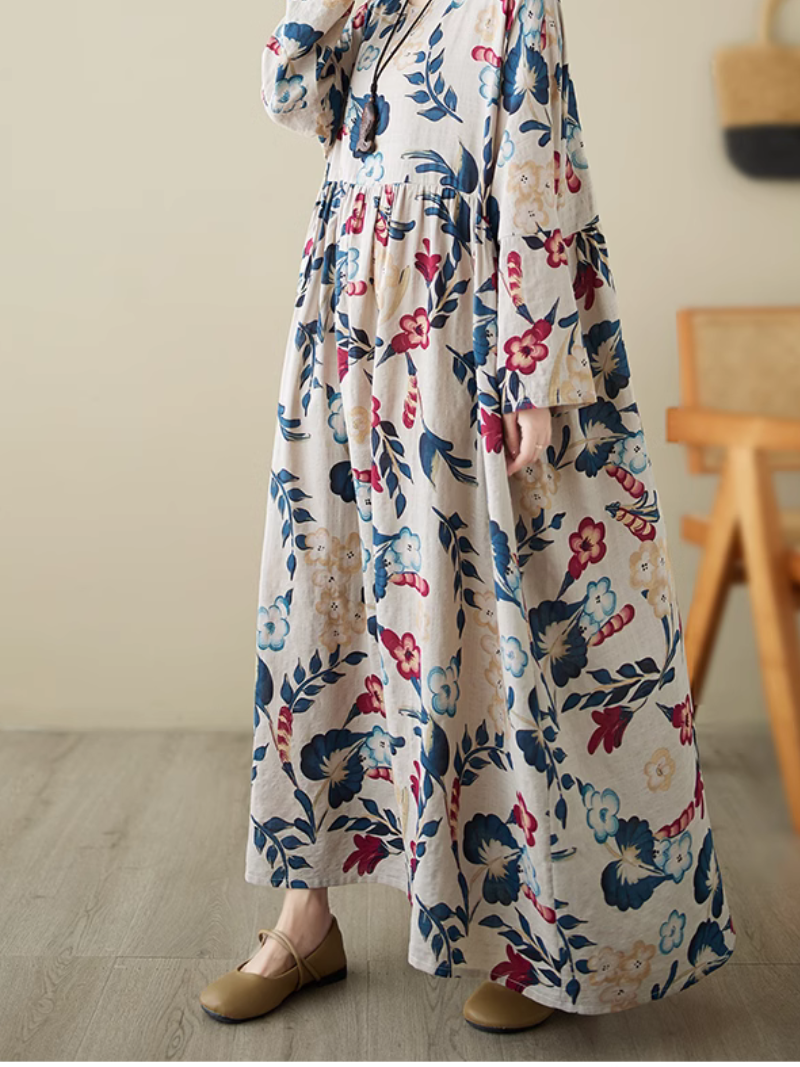 Round Neck Bold Floral Print Smock A-Line Maxi Dress