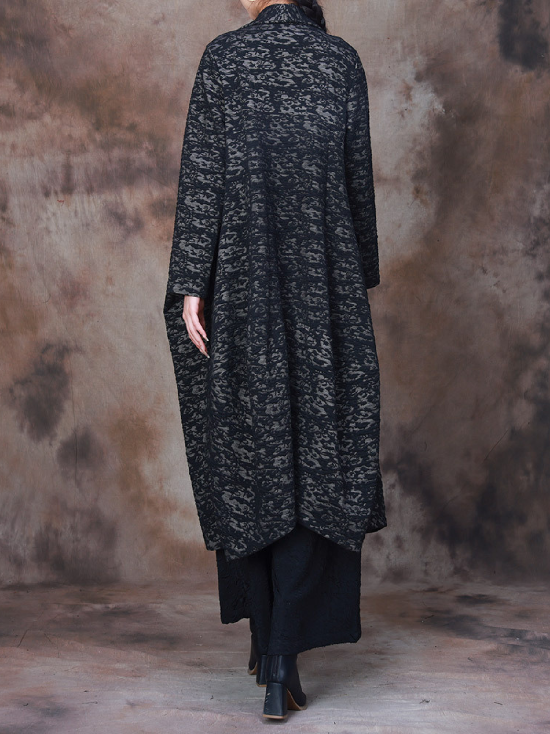 Lapel Collar Abstract Print Open Front Long Line Jacket 7