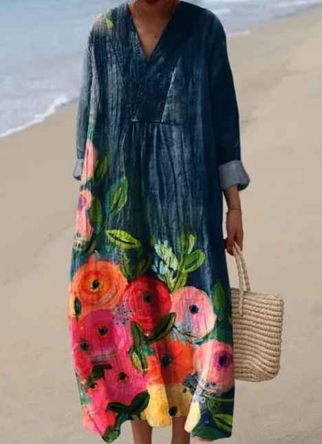 Split V-Neck Long Sleeve Floral Medallion Print Shift Maxi Dress 2