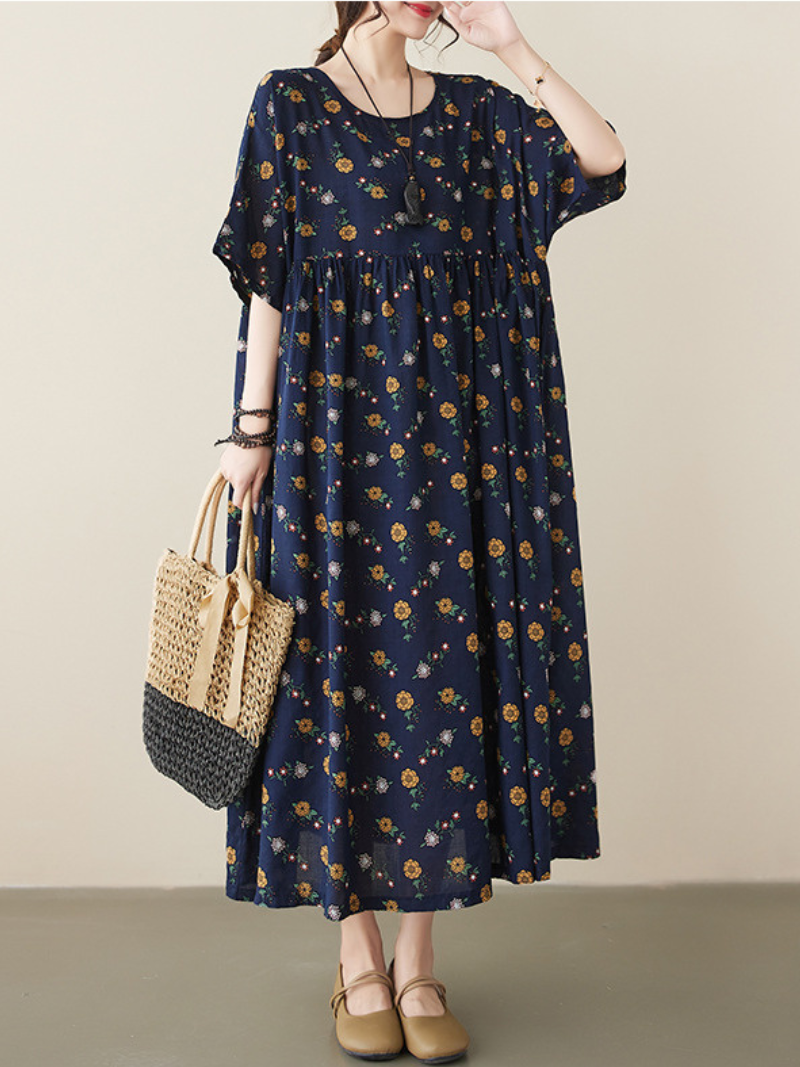 Navy Blue Round Neck Short Sleeve Floral Print Smock A-Line Maxi Dress 3