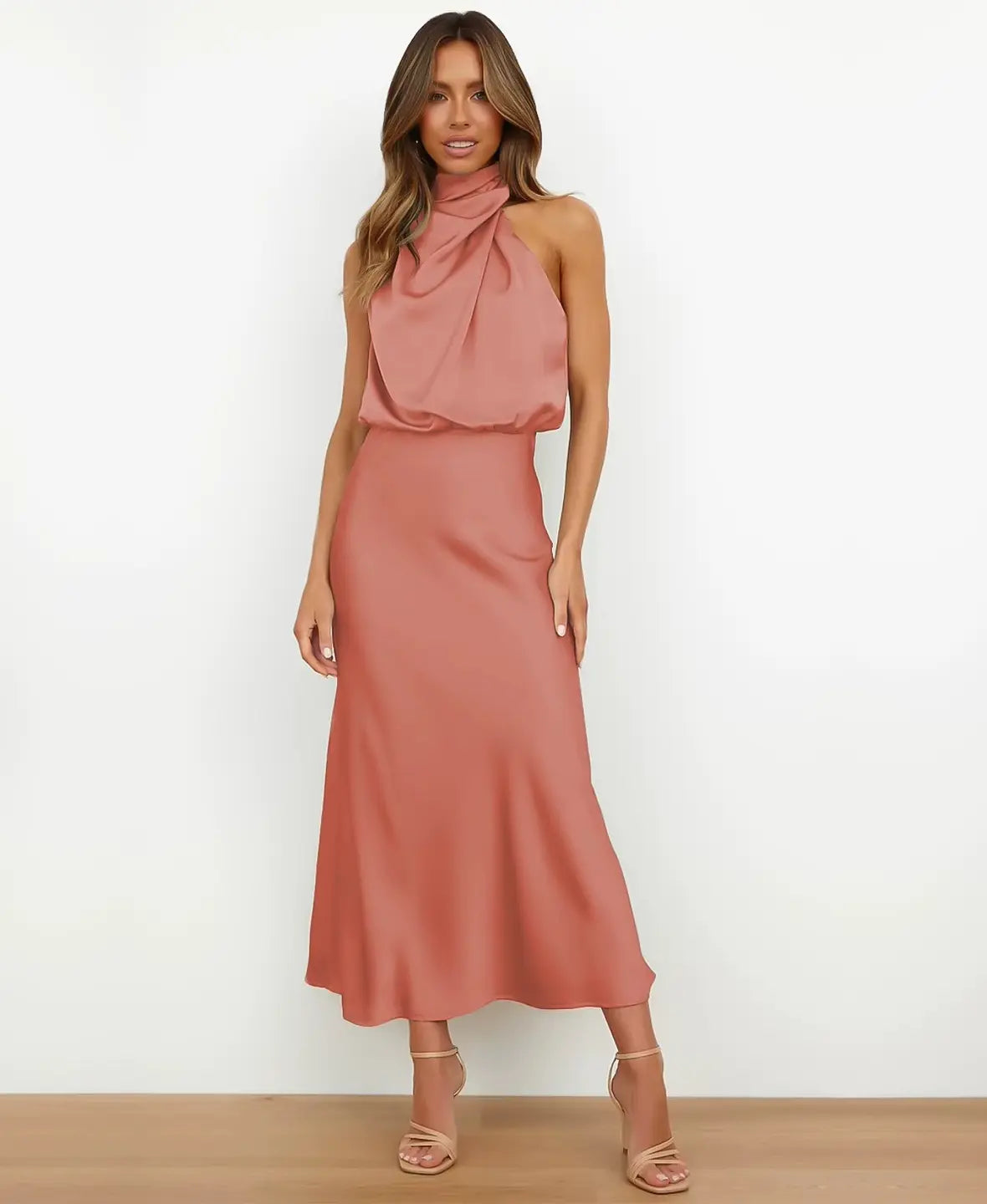 Halter Neck Draped Satin Sleeveless A-Line Maxi Dress 7
