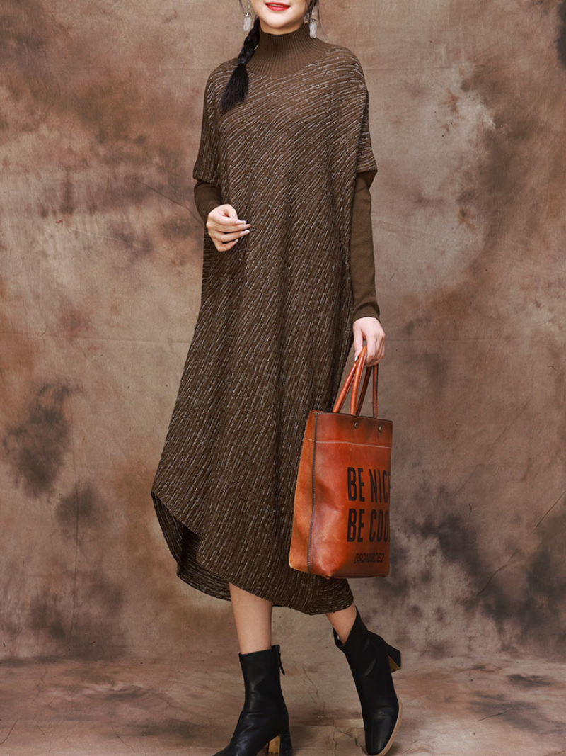 Mock Neck Batwing Sleeve Knit Asymmetric Hem Loose Sweater Dress 4