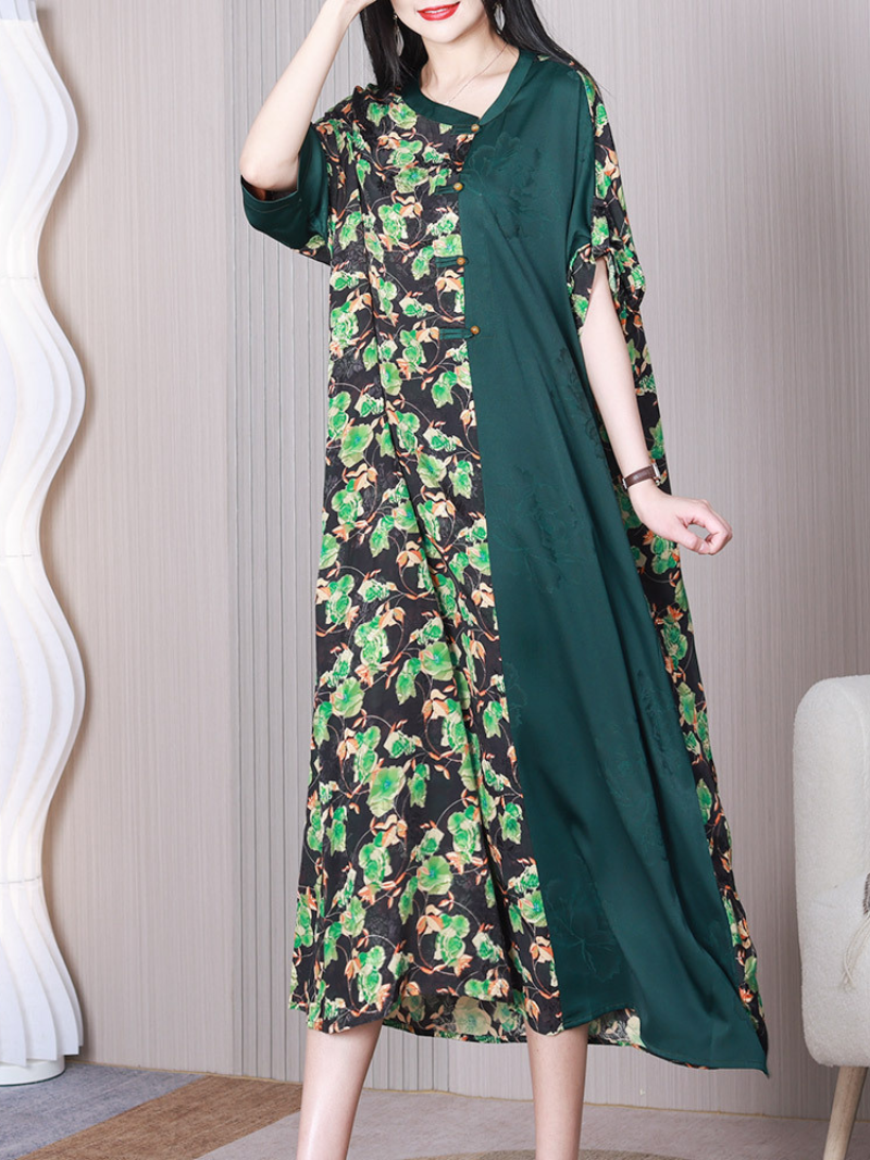 Round Neck Floral Patchwork Short Sleeve Loose Maxi Dress 3