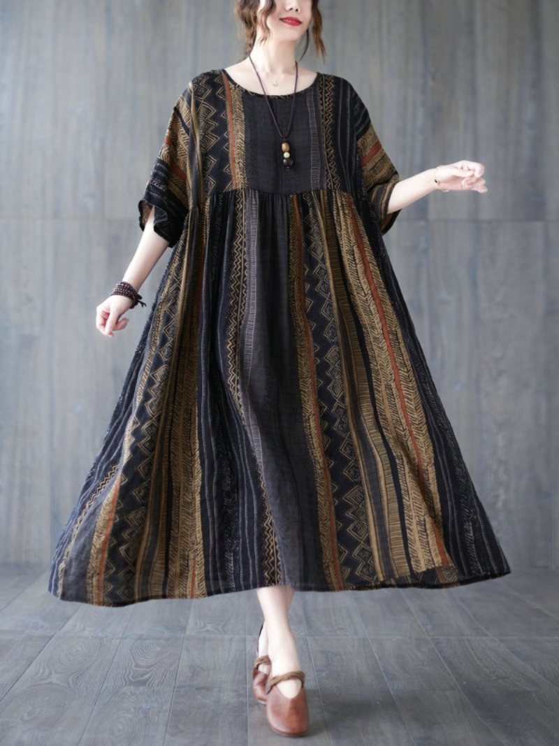 Multi Color Round Neck Ethnic Stripe Print Pleated Smock Cotton Midi Dress