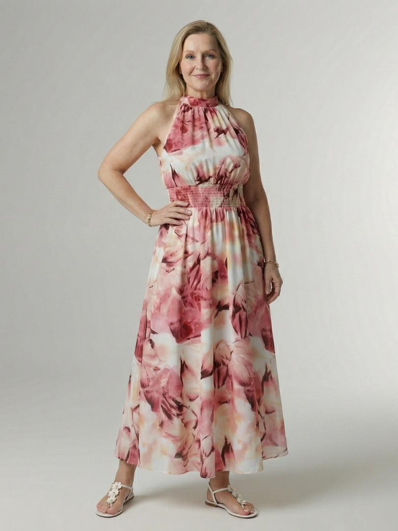Halter High Neck Sleeveless Tie-Dye Print Shirred Waist Maxi Dress