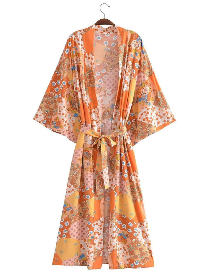 Floral Patchwork Print Belted Long Kimono Robe